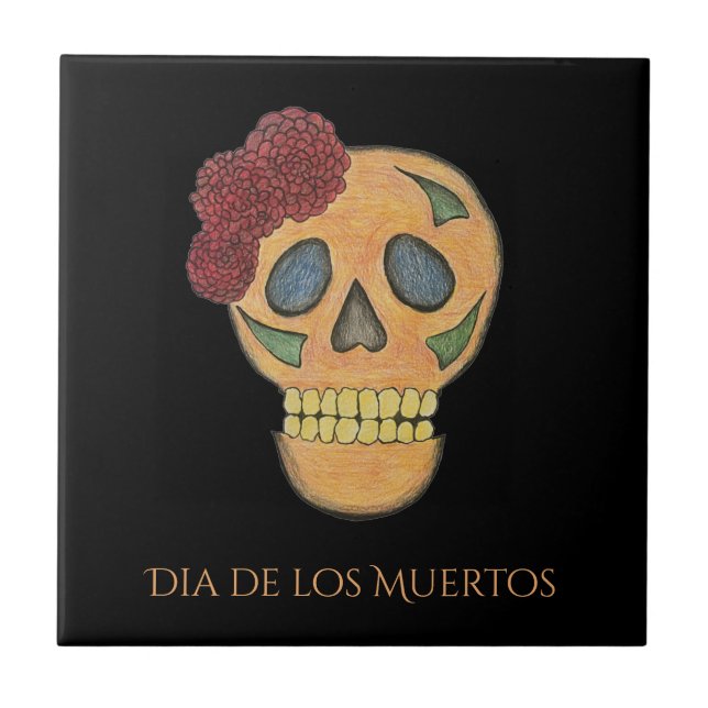 Day of the Dead Sugar Skull Black Gold Tile (Front)