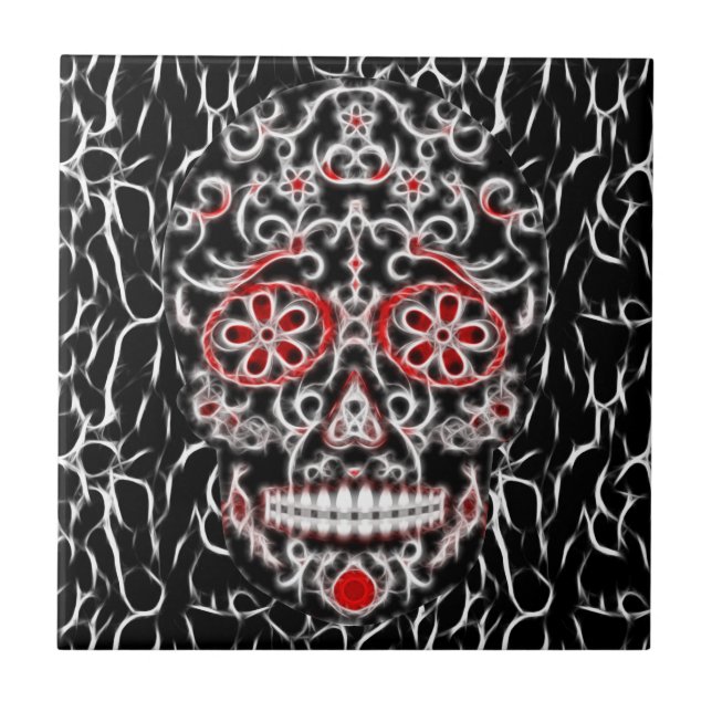 Day of the Dead Sugar Skull - Black, White & Red Tile (Front)