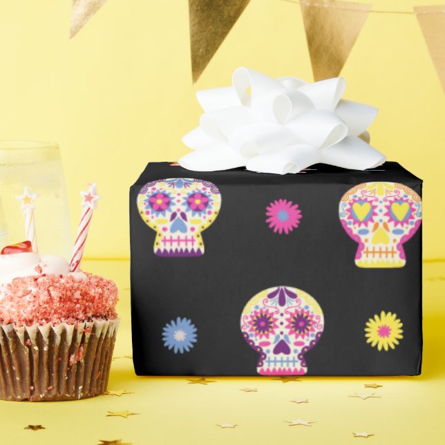 Day of the Dead Sugar Skull Black Wrapping Paper (Birthday Party)