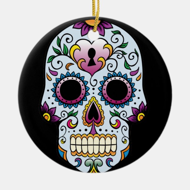 Day of the Dead Sugar Skull Blue Ornament Round (Front)