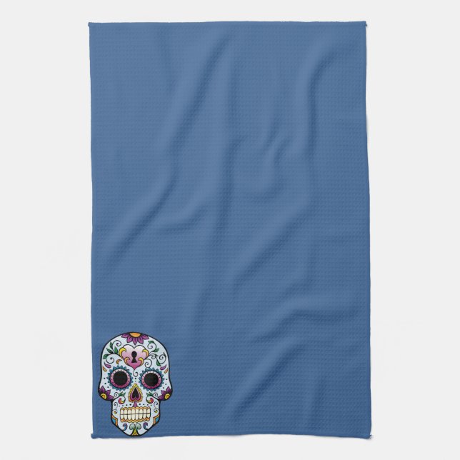 Day of the Dead Sugar Skull Blue Tea Towel (Vertical)