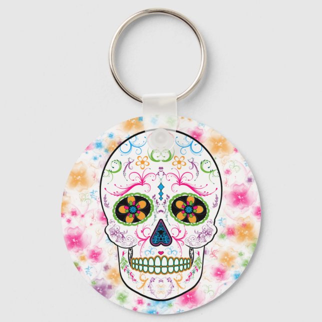 Day of the Dead Sugar Skull - Bright Multi Colour Key Ring (Front)