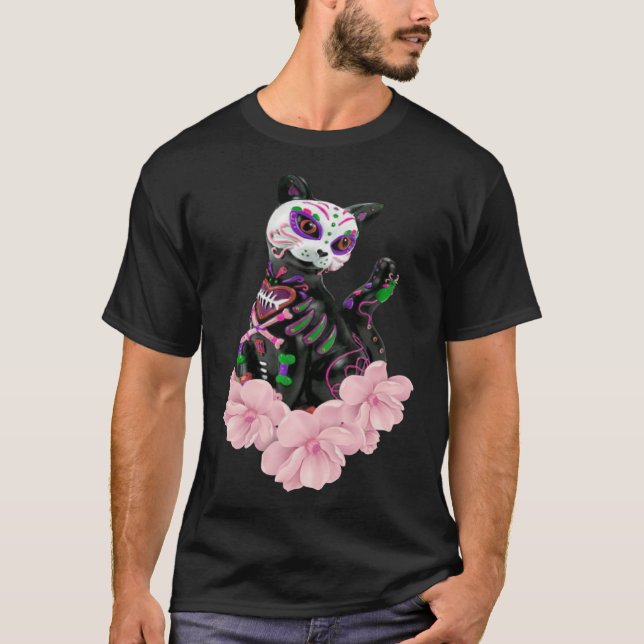 Day Of The Dead Sugar Skull Cat Pink Flowers Pullo T-Shirt (Front)