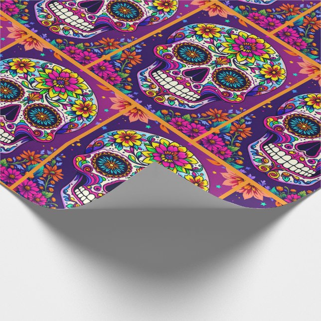 Day of the Dead Sugar Skull Colourful Floral Wrapping Paper (Corner)