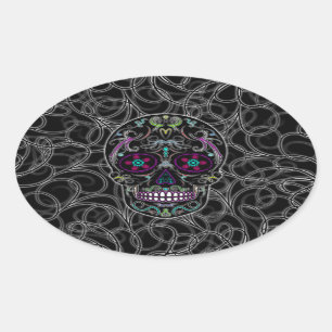 Day of the Dead Sugar Skull - Colourfully Black Oval Sticker