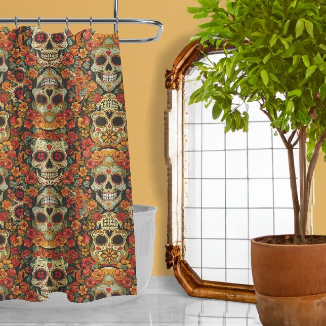 Day of the Dead Sugar Skull Floral Shower Curtain (Creator Uploaded)
