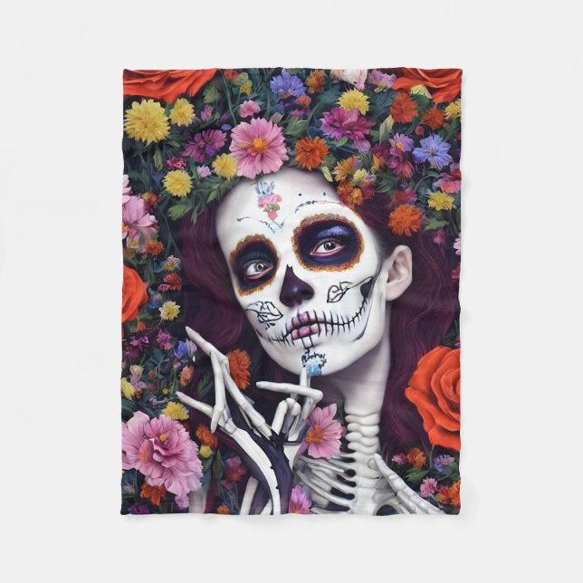 Day of the Dead Sugar Skull Floral Skeleton Fleece Blanket (Front)