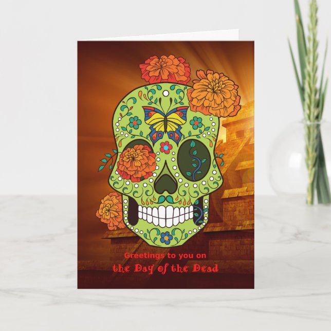 Day of the Dead Sugar Skull & Flowers with Pyramid Card (Front)