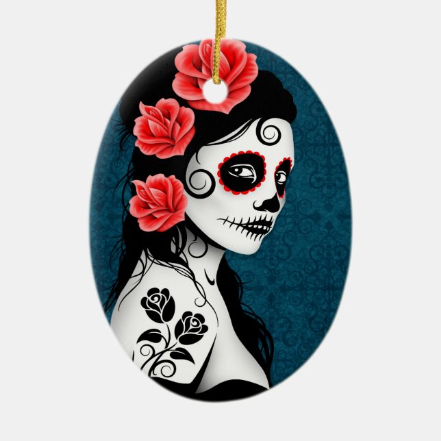 Day of the Dead Sugar Skull Girl - blue Ceramic Tree Decoration (Front)