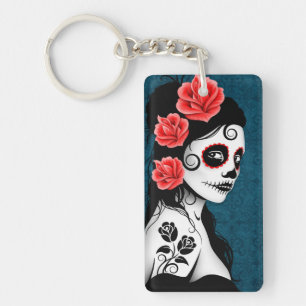 Day of the Dead Sugar Skull Girl - blue Key Ring