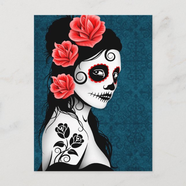 Day of the Dead Sugar Skull Girl - Blue Postcard (Front)
