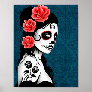 Day of the Dead Sugar Skull Girl - Blue Poster