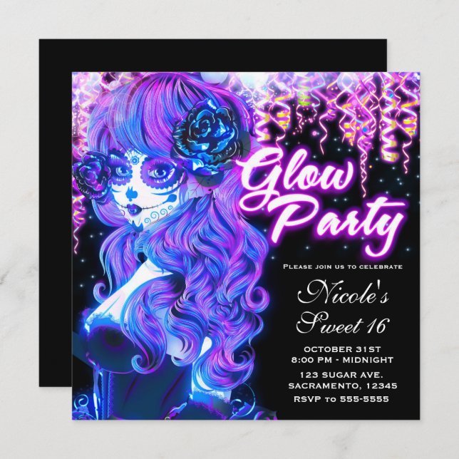 Day of the Dead Sugar Skull Girl Glow Neon Party Invitation (Front/Back)