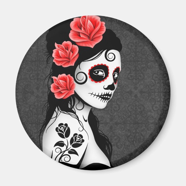 Day of the Dead Sugar Skull Girl - grey Magnet (Front)