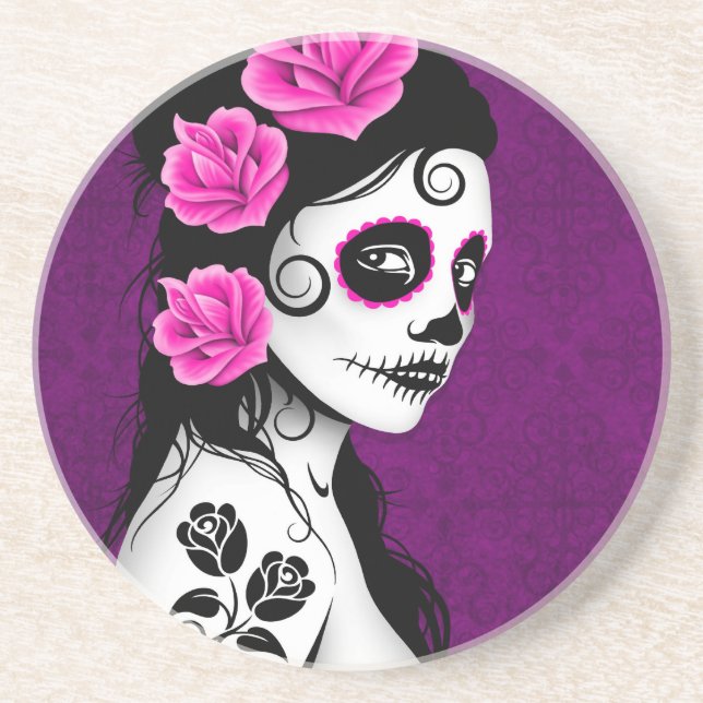 Day of the Dead Sugar Skull Girl - purple Coaster (Front)