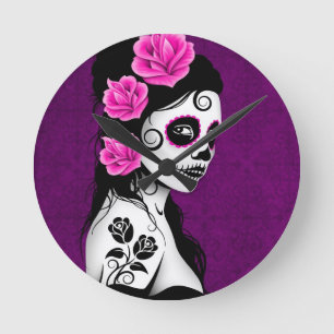 Day of the Dead Sugar Skull Girl - purple Round Clock