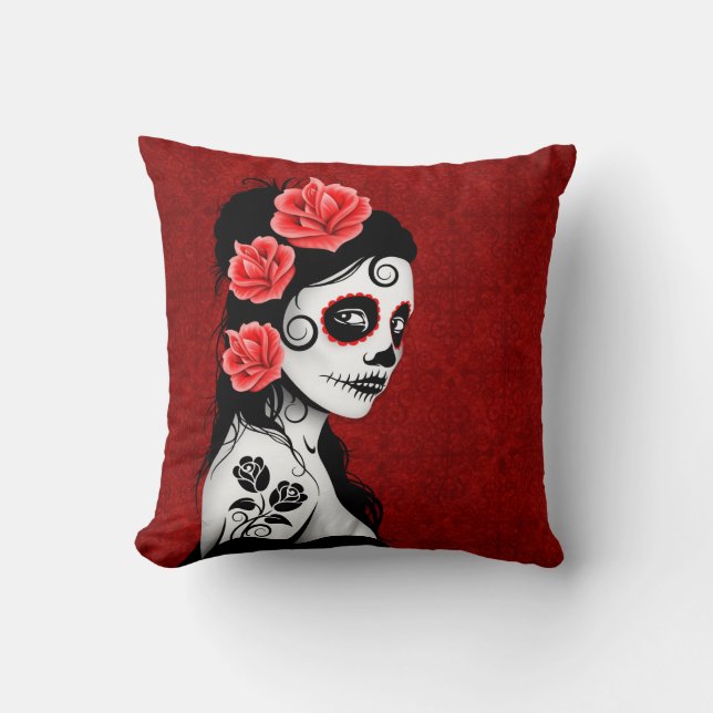 Day of the Dead Sugar Skull Girl - red Cushion (Front)