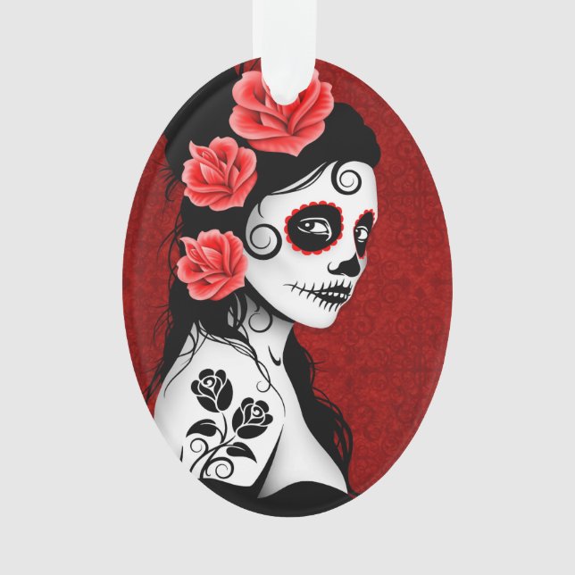 Day of the Dead Sugar Skull Girl - Red Ornament (Front)