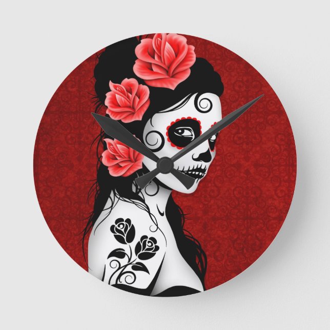 Day of the Dead Sugar Skull Girl - red Round Clock (Front)