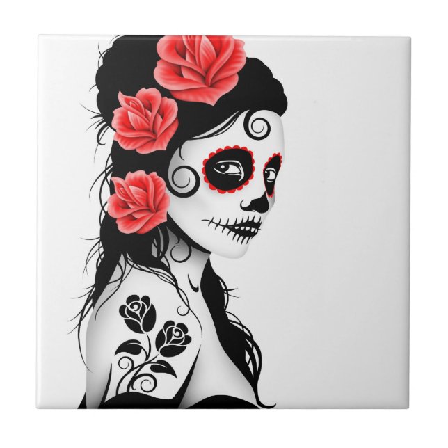 Day of the Dead Sugar Skull Girl - white Tile (Front)