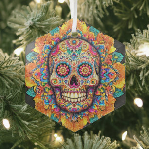 Day of the Dead Sugar Skull Glass Tree Decoration