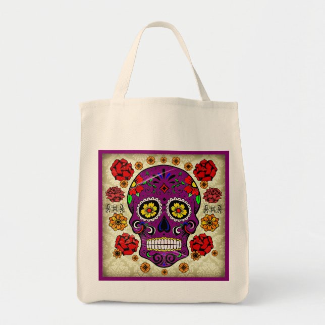 Day of the Dead Sugar Skull Grocery Tote Bag (Front)