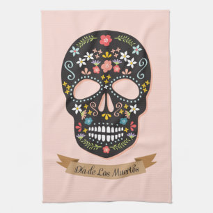 Day of the Dead Sugar Skull kitchen towel - pink