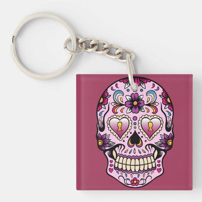 Day of the Dead Sugar Skull Pink Keychain (Front)