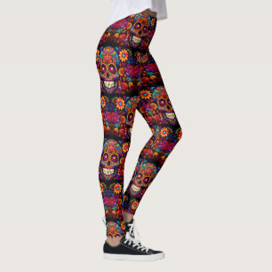 Day of the Dead Sugar Skull Pink Orange Black Leggings