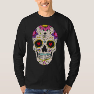 Day of the Dead Sugar Skull Red Roses Hearts T-Shirt
