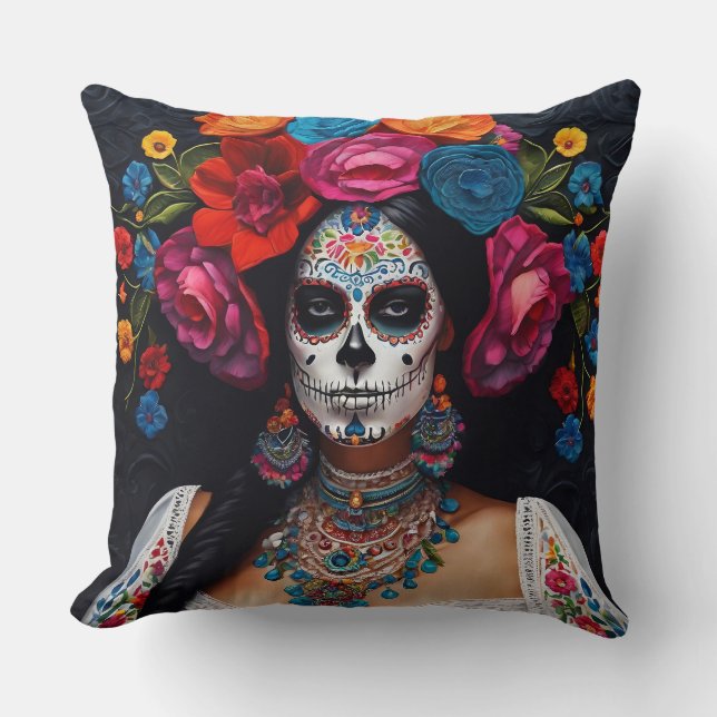 Day of the Dead Sugar Skull Roses 2 Sides Cushion (Front)