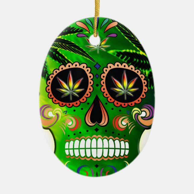 Day of the Dead Sugar Skull weed Shirt Ceramic Tree Decoration (Front)