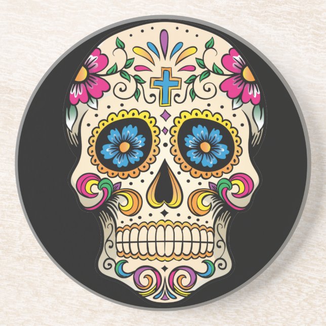 Day of the Dead Sugar Skull with Cross Coaster (Front)