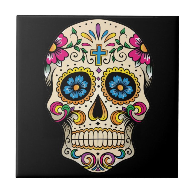 Day of the Dead Sugar Skull with Cross Tile (Front)