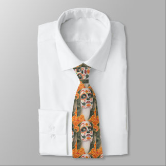 Day of the Dead Sugar Skull with Marigolds Tie