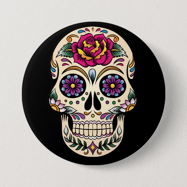 Day of the Dead Sugar Skull with Rose Button (Front)