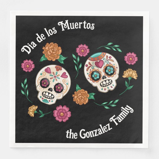 Day of the Dead Sugar Skulls and Flowers Black Napkin (Front)