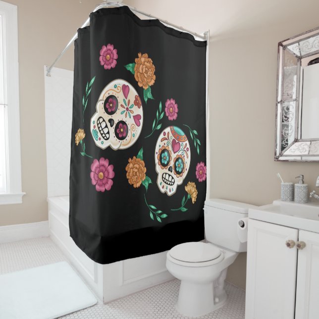 Day of the Dead Sugar Skulls and Flowers Black Shower Curtain (In Situ)