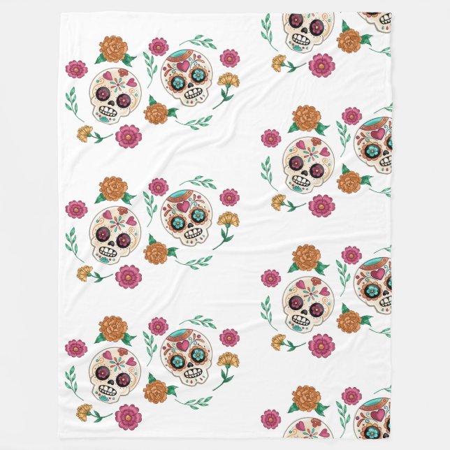 Day of the Dead Sugar Skulls and Flowers Fleece Blanket (Front)