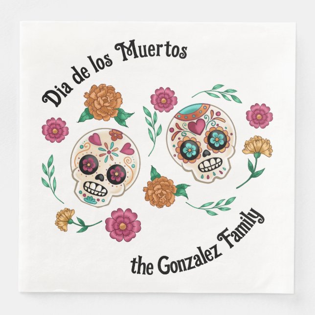 Day of the Dead Sugar Skulls and Flowers Napkin (Front)
