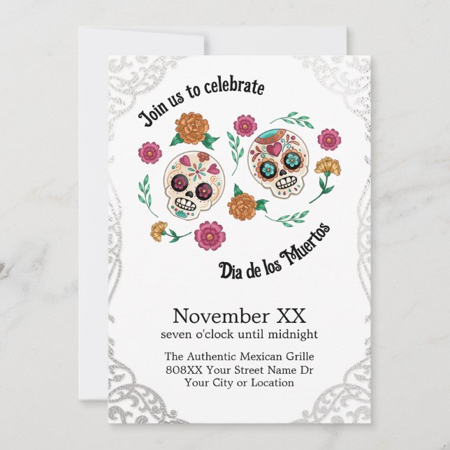 Day of the Dead Sugar Skulls and Flowers Silver Invitation (Front)