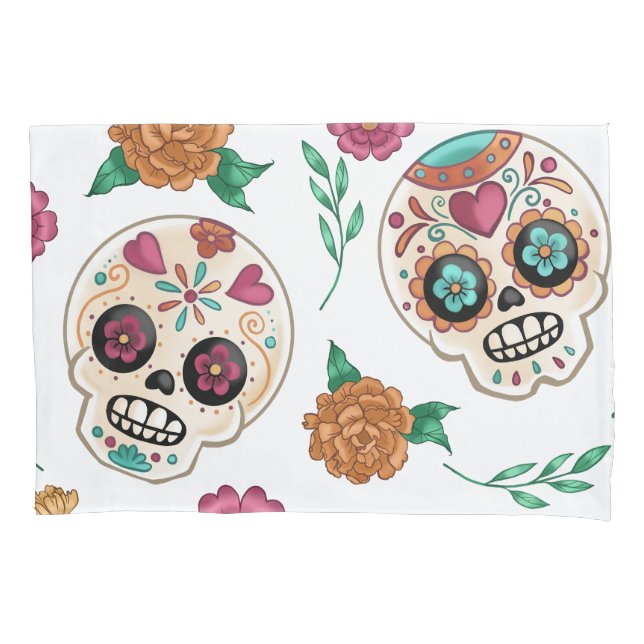 Day of the Dead Sugar Skulls and Flowers White Pillowcase (Front)