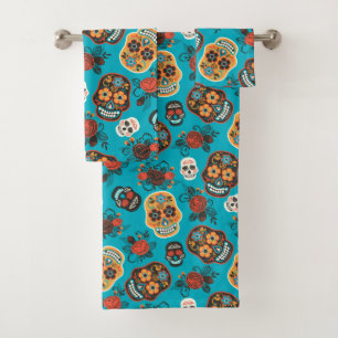 Day of the Dead Sugar Skulls, blue Bath Towel Set