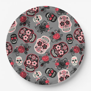 Day of the Dead Sugar Skulls, grey Paper Plate