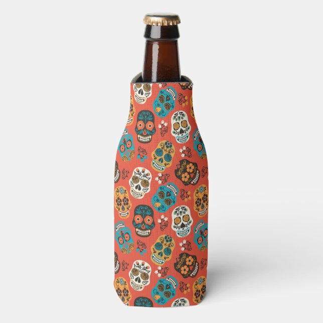 Day of the Dead Sugar Skulls, orange Bottle Cooler (Bottle Front)