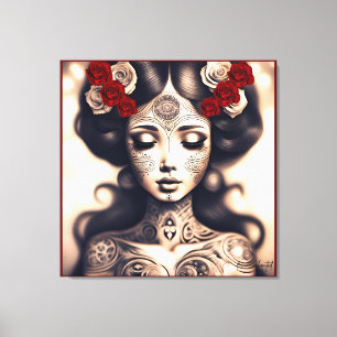 DAY OF THE DEAD TATTOO BEAUTY PORTRAIT ROSES  CANVAS PRINT