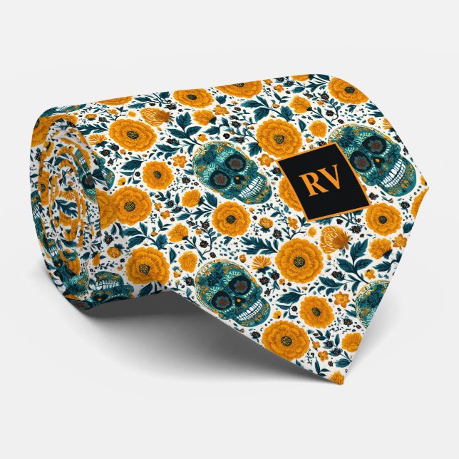 Day of the Dead Teal Skulls with Yellow Marigolds Tie (Rolled)