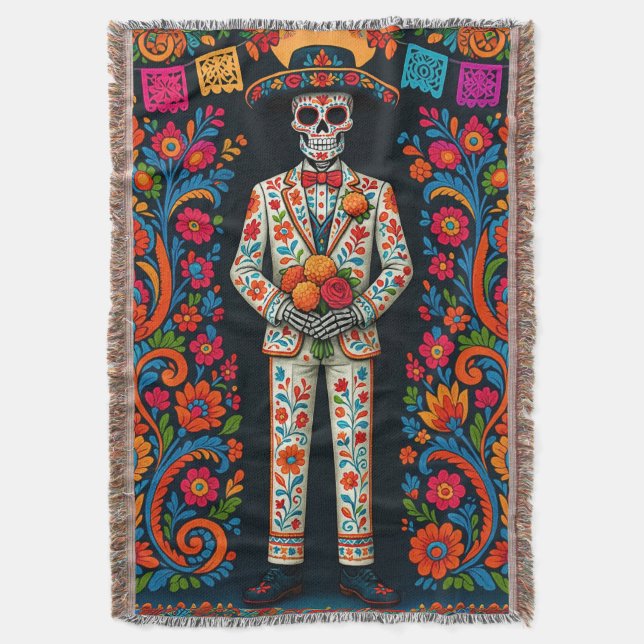 Day of the Dead Wedding Skeleton Groom  Throw Blanket (Front Vertical)