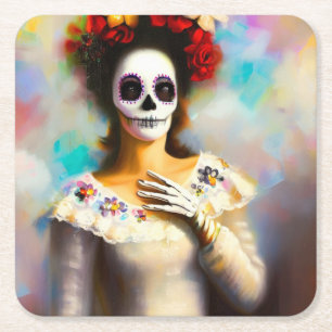 Day of the Dead Woman 3 Square Paper Coaster