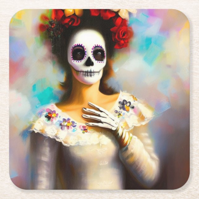 Day of the Dead Woman 3 Square Paper Coaster (Front)